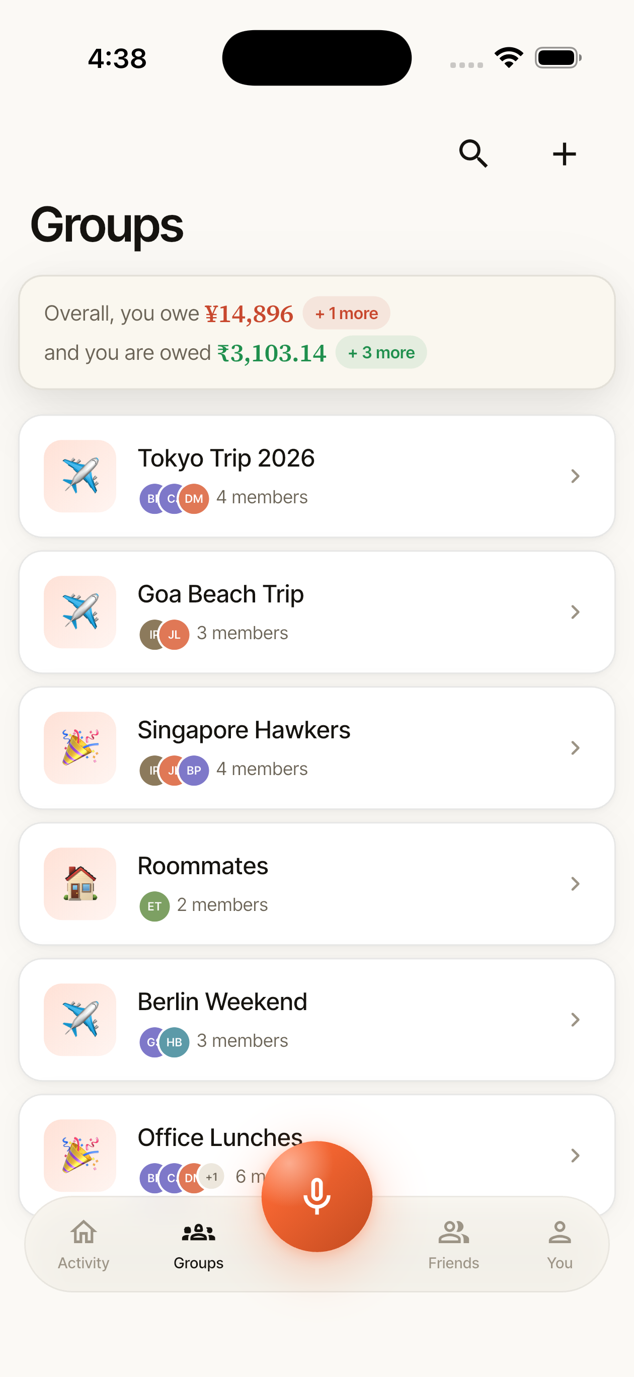Settl iOS app showing the Groups overview screen with a list of trips and roommate groups, voice mic in the bottom tab bar.